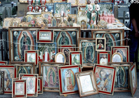 Religious artifacts for sale outside Guadalupe Basilica. Mexico City, Mexico.