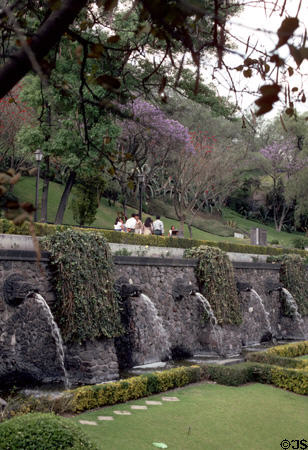 Garden on Guadalupe Cathedral grounds with fountains which replicate ancient native art. Mexico City, Mexico.