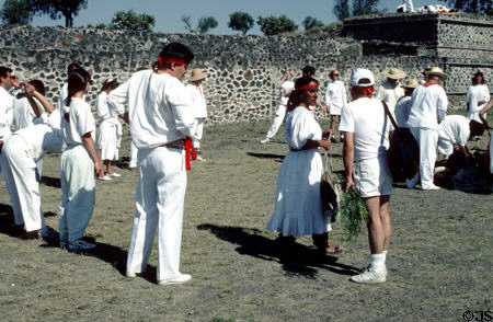 Spring equinox celebrants wear white & red at Teotihuacán. Mexico.