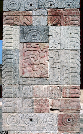 Artistic carvings on pillars of Quetzal Palace at Teotihuacán. Mexico.