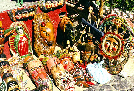 Wooden masks & other crafts in Taxco. Mexico.