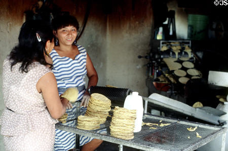 Women make tortillas at Izamal market. Mexico.