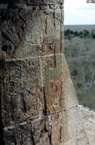 View from top of Pyramid of Kukulkán with stone relief carvings at Chichén Itzá. Mexico.