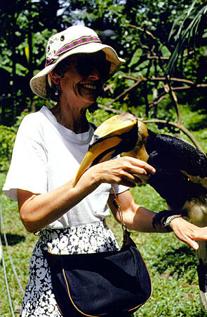 Holding a great hornbill at Bird Park in Kuala Lumpur. Malaysia.