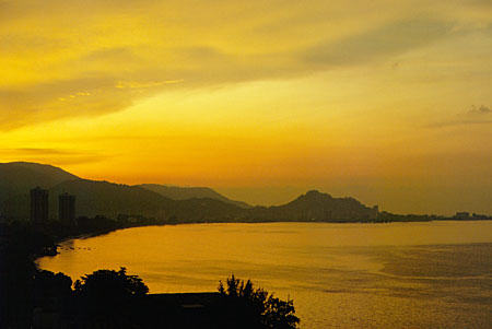 Sunset view from Georgetown on island of Penang. Malaysia.