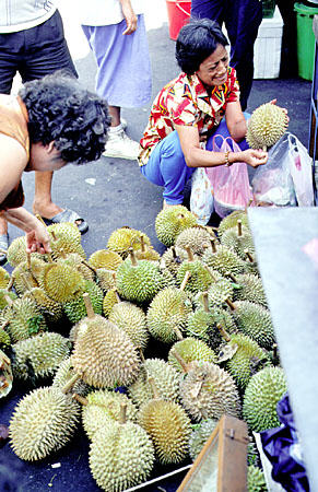 Durians for sale in Georgetown, Penang. Malaysia.