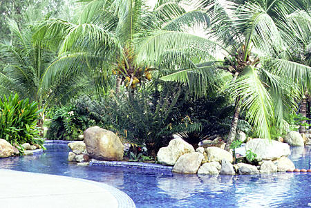 Pool of resort hotel on Penang island. Malaysia.