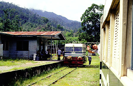 Jungle way station on Beaufort rail line on Borneo island. Malaysia.