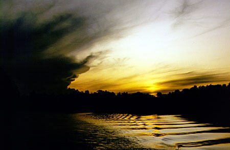Sunset over Kinabatangan River in Sukau in Sabah province. Malaysia.