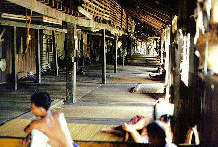 Skrang longhouse in Sarawak province on Borneo island, an example of community life. Malaysia.
