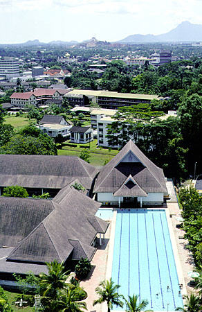 Overview of Kuching with Sarawak club and pool, seen from civic center. Malaysia.