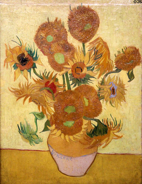 Sunflowers painting (1889) by Vincent van Gogh at Van Gogh Museum. Amsterdam, Netherlands.
