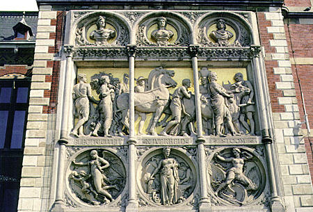 Detail of reliefs on Amsterdam Centraal Station. Amsterdam, Netherlands.