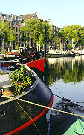 Barges & houseboats on the Amstel near opera. Amsterdam, Netherlands.