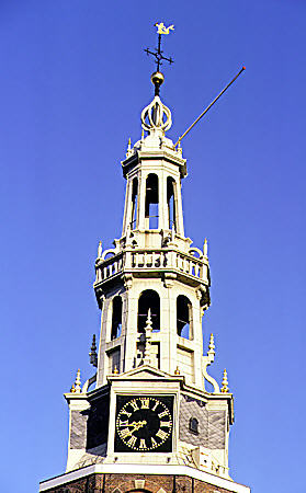 Detail of steeple of Montelbaanstoren. Amsterdam, Netherlands.
