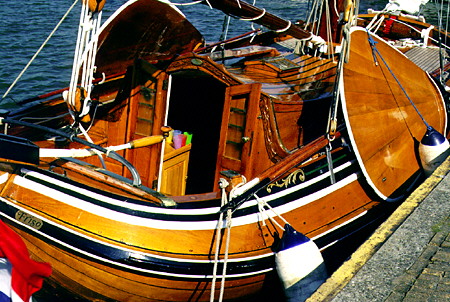 Wooden canal boat docked. Sloten, Netherlands.