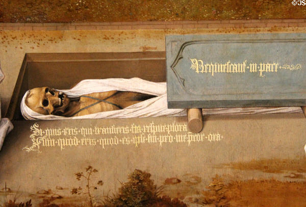 Detail of corpse in memorial tablet painting (c1500) by Master of Spes Nostra at Rijksmuseum. Amsterdam, NL.