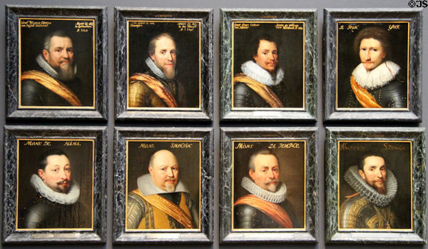 Portraits from Stadtholder's court in Leeuwarden painting (1609-33) all but one by workshop of Jan Antonisz van Mierevelt at Rijksmuseum. Amsterdam, NL.