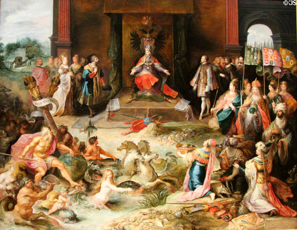 Allegory on the Abdication of Emperor Charles V in Brussels painting (1630-40) by Frans Francken II at Rijksmuseum. Amsterdam, NL.