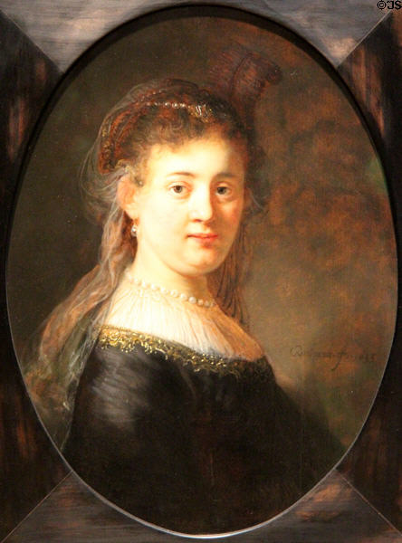 Young woman in fantasy costume painting (1633) by Rembrandt van Rijn at Rijksmuseum. Amsterdam, NL.