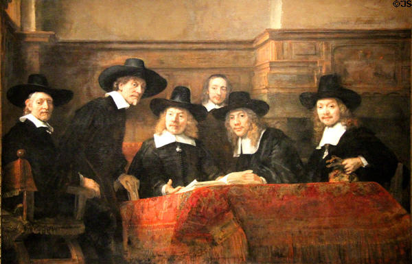 Wardens of the Amsterdam Drapers' Guild (aka The Syndics) painting (1662) by Rembrandt van Rijn at Rijksmuseum. Amsterdam, NL.
