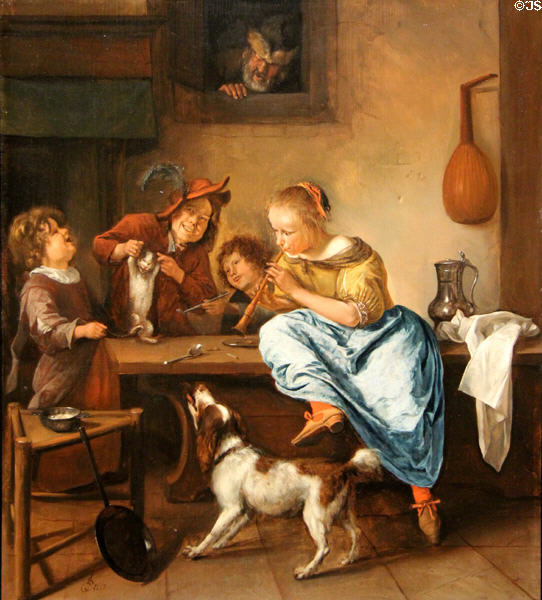 Children teaching a cat to dance (aka The Dancing Lesson) painting (1660-79) by Jan Steen at Rijksmuseum. Amsterdam, NL.