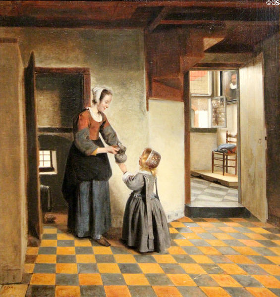 Woman with a child in a pantry painting (c1656-60) by Pieter de Hooch at Rijksmuseum. Amsterdam, NL.
