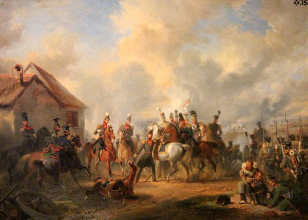 Battle of Bautersem during Ten Days' Campaign (Aug. 2, 1831) painting (1833) by Nicolaas Pieneman shows horse shot from under the Prince of Orange (later King William II) during war to suppress Belgian independence at Rijksmuseum. Amsterdam, NL.
