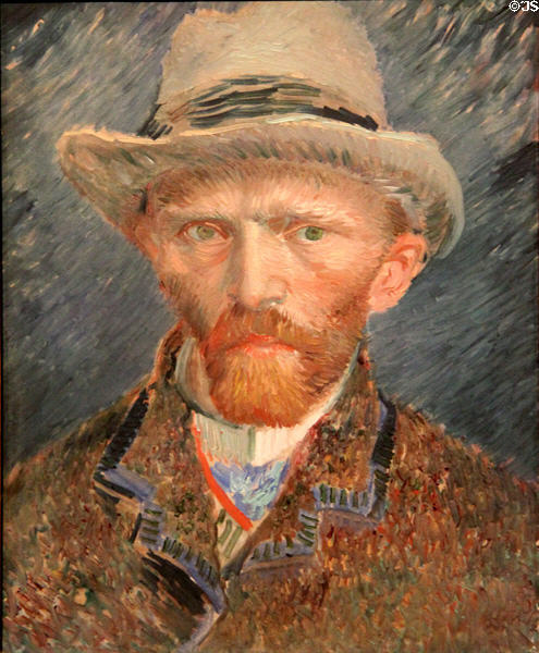 Self-portrait in fashionable dress of Paris (1887) by Vincent van Gogh at Rijksmuseum. Amsterdam, NL.