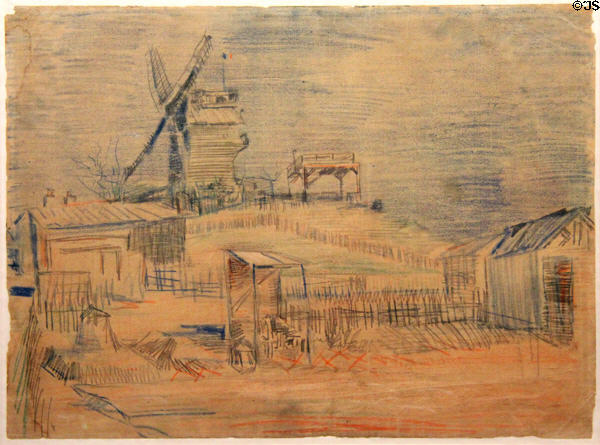 Gardens on Montmartre & Blute-fin windmill drawing (1887) by Vincent van Gogh at Van Gogh Museum. Amsterdam, NL.