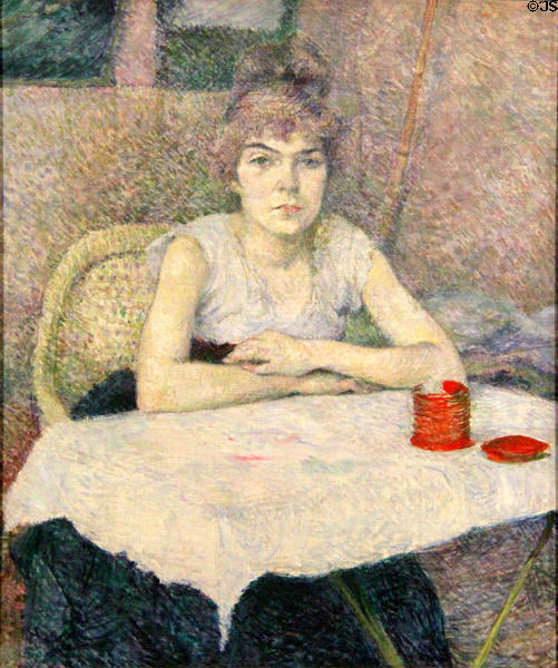Young woman at table "Poudre de riz" painting (1887) by Henri de Toulouse-Lautrec at Van Gogh Museum. Amsterdam, NL.