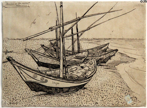 Fishing boats on beach at Les Saintes-Maries-de-la-Mer drawing (1888) by Vincent van Gogh at Van Gogh Museum. Amsterdam, NL.