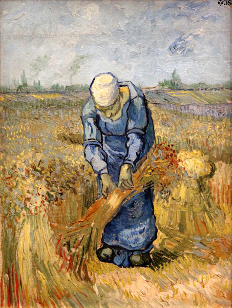 Peasant woman binding sheaves painting after Millet print (1889) by Vincent van Gogh at Van Gogh Museum. Amsterdam, NL.