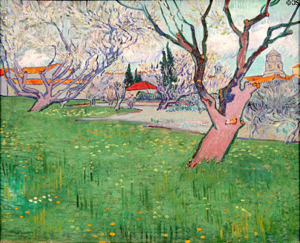 Orchards in blossom, view of Arles painting (1889) by Vincent van Gogh at Van Gogh Museum. Amsterdam, NL.