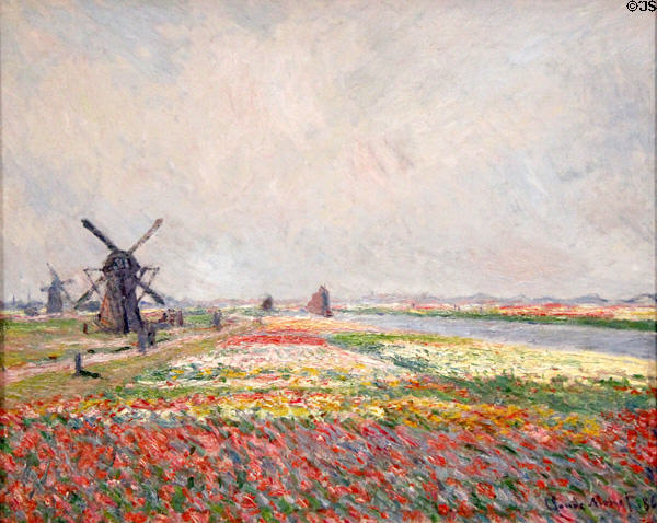 Bulb fields & windmills near Rijnsburg painting (1886) by Claude Monet at Van Gogh Museum. Amsterdam, NL.