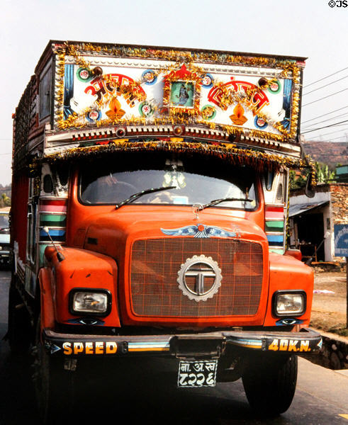 Colorful truck with religious symbols on road to Katmandu. Nepal.