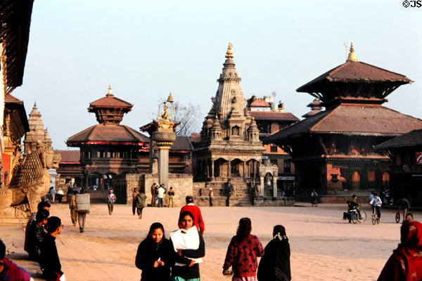 Overview of Durbar Square in Bhaktapur featuring Palace, Taleju Bell, Bhupatindra (King) Malla Column, Vatsala Temple & Pashupatinath Temple. Nepal.