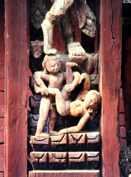 Erotic carvings on Pashupatinath Temple in Durbar Square, Bhaktapur. Nepal.