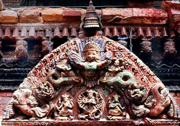 Detail of carvings on temple in Durbar Square in Patan (Lalitpur), Katmandu. Nepal.