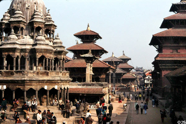 Krishna Mandir (temple), Teleju Bell, Shiva Temple, & Bhimsen Mandir (temple) in Durbar Square, Patan (Lalitpur), Katmandu. Nepal.