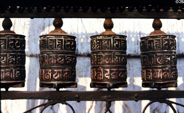 Prayer wheels at Swayambhunath Buddhist Temple, Katmandu. Nepal.
