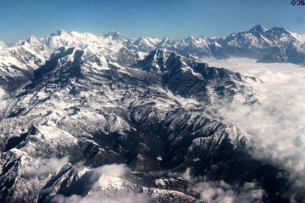 Mt Everest (to right) & Himalayas. Nepal.