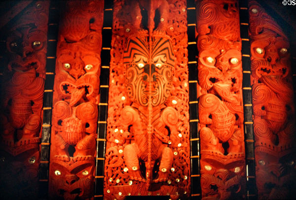 Maori wood carving art at War Memorial Museum. Auckland, New Zealand.