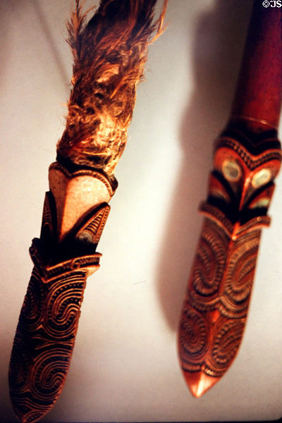 Carved Maori wooden spear heads at War Memorial Museum. Auckland, New Zealand.