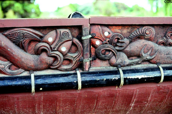 Details of carvings on War Canoe in Waitangi. New Zealand.