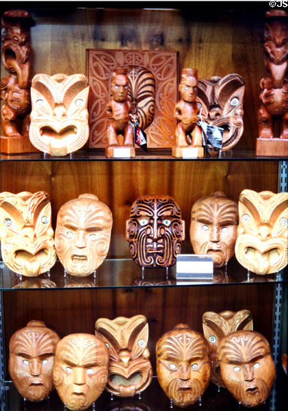 Maori carvings in shop at Rotorua. New Zealand.