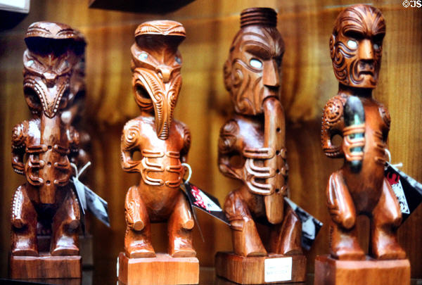 Maori wood carvings in Rotorua. New Zealand.