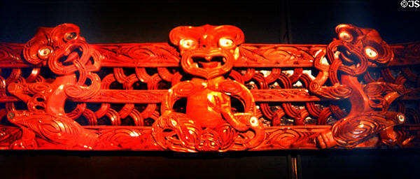 Maori wall carvings in Rotorua, the center of Maori life in New Zealand.