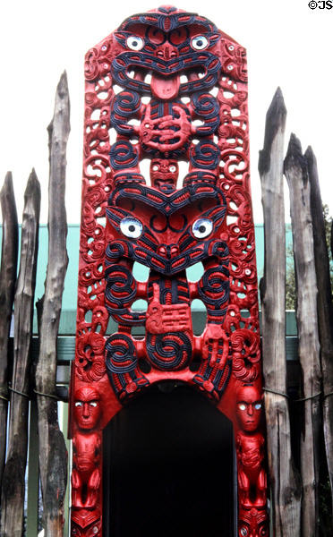 Maori carved doorway in Rotorua. New Zealand.