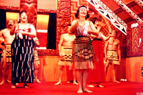 Dance performance in traditional dress at Crafts Institute in Rotorua. New Zealand.
